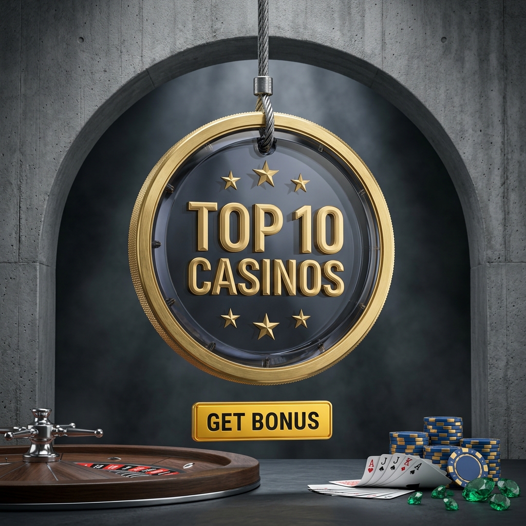 Gameburrow: a gold Top 10 Casinos token hanging under a stone arch, with a Get Bonus sign, roulette wheel, playing cards and chips.